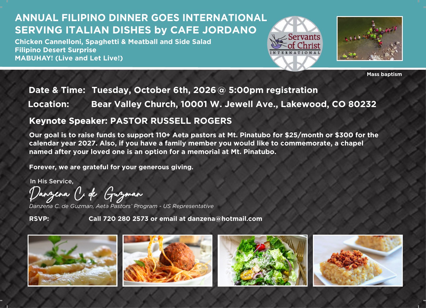 Annual Filipino Dinner invitation for October 6, 2026 at Bear Valley Church